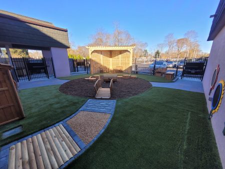 View from the sensory path, over the bridge and to the pergola