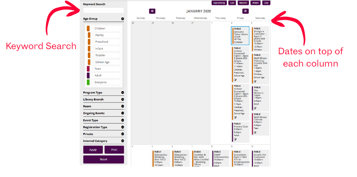 Search for programs either by filtering and a keyword search on the left or by going through the days of the calendar.