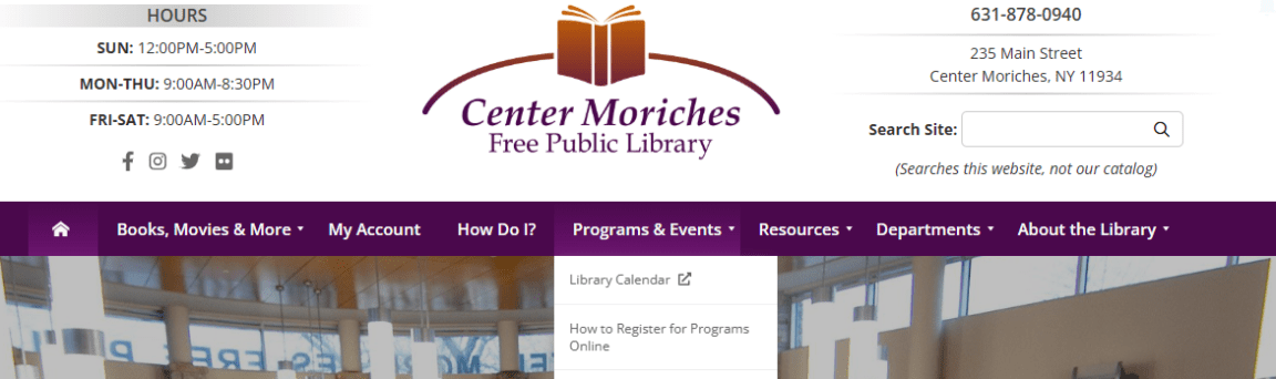 The purple menu bar has a header for Programs and Events